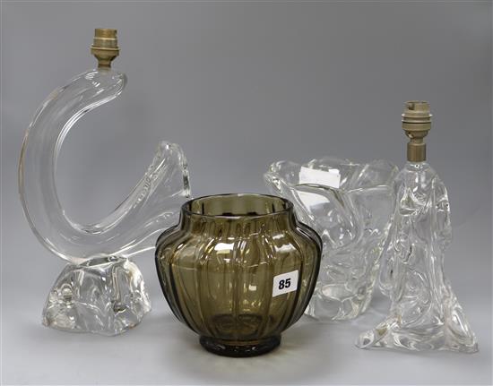 A Daum smoke glass vase and three Daum pieces